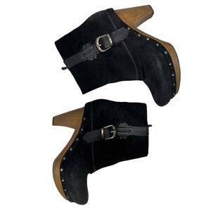 EARTHIES Lacarne Black Suede Wooden Clog Buckle Strap Heeled Ankle Boot 6 B